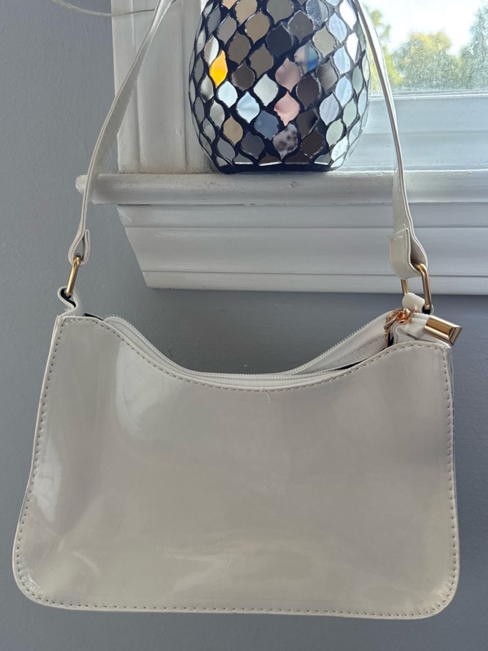 SHEIN White Patent Mini Shoulder Bag with Gold Hardware